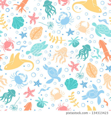 Seamless underwater marine cartoon pattern. Vibrant ocean design with aquatic life including fish, turtles, and reef creatures. Doodle style with colorful sea and marine elements. 134313423