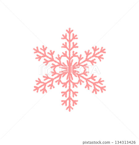 Pink snowflake sketch and crayon icon show cold winter decoration. This ice crystal snow flake symbol gives xmas mood, perfect for seasonal holiday design. 134313426