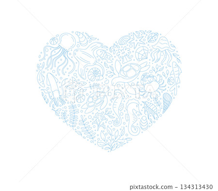 Underwater ocean heart outline. Aquatic concept with marine life, coral, and sea creatures. Unique heart shape in doodle style, abstract sketch design, perfect decorative aquatic artwork. Underwater ocean heart outline. Aquatic concept with marine life, coral, and sea creatures. Unique heart shape in doodle style, abstract sketch design, perfect decorative aquatic artwork. 134313430