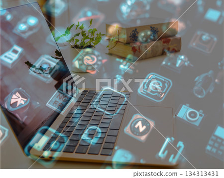Laptop with floating digital icons Laptop with floating digital icons 134313431