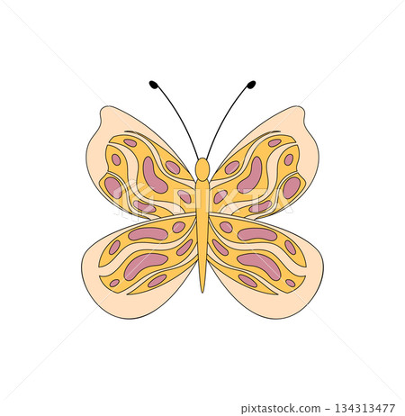 Groovy retro butterfly sticker in a funky and colorful abstract style. Cute y2k groovy element, 70s pop graphic, with playful vintage shape, ideal for trendy modern creative projects. Groovy retro butterfly sticker in a funky and colorful abstract style. Cute y2k groovy element, 70s pop graphic, with playful vintage shape, ideal for trendy modern creative projects. 134313477