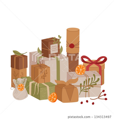 Rustic kraft gift box composition flat graphic style. Eco present with ribbon, bow and craft package create christmas mood. Brown and red box graphic as holiday decor, perfect for seasonal concept. Rustic kraft gift box composition flat graphic style. Eco present with ribbon, bow and craft package create christmas mood. Brown and red box graphic as holiday decor, perfect for seasonal concept. 134313497