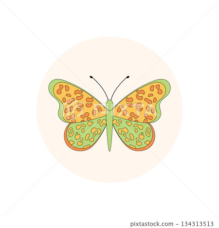 Cute retro butterfly in a colorful groovy flat style on circle sticker. Butterfly seal for package or lid, ideal for y2k inspired sticker label and package decoration. Cute retro butterfly in a colorful groovy flat style on circle sticker. Butterfly seal for package or lid, ideal for y2k inspired sticker label and package decoration. 134313513