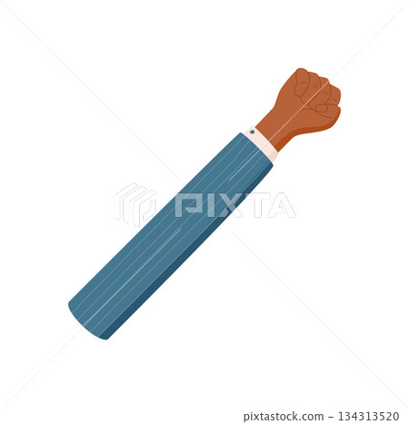 Flat icon of hand gesture showing number five. Brown hand with raised fingers expresses closed fist count signal. Arm with clothed wrist in blue sleeve conveys professional style. Simple and clear 134313520