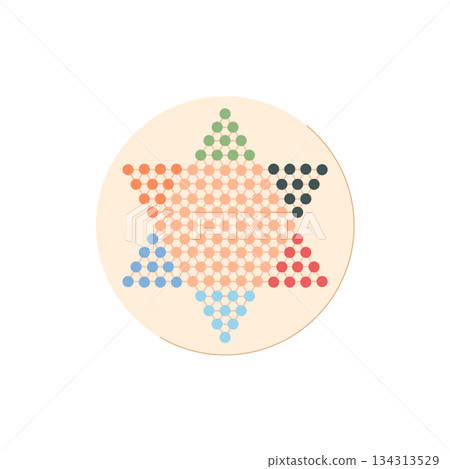 Flat Chinese checkers game board sticker with colorful puzzle pieces. Strategic childhood boardgame, classic table game with vibrant design. Fun leisure activity and hobby for children. 134313529