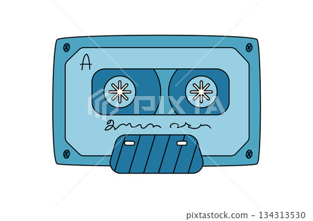 Retro groovy blue music cassette cartoon graphic style. Vintage tape and y2k audio shape with 80s nostalgia, playful color and funky mood. Ideal for cool pop decor or fun sticker element. Retro groovy blue music cassette cartoon graphic style. Vintage tape and y2k audio shape with 80s nostalgia, playful color and funky mood. Ideal for cool pop decor or fun sticker element. 134313530