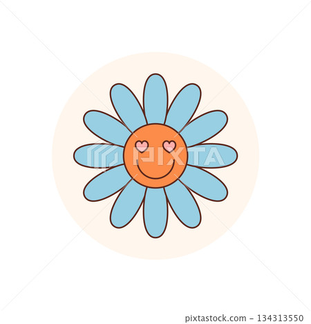Groovy retro smiley flower in a flat circle creates a playful blue and orange sticker badge. Y2k patch label adds heart accent, ideal for package or lid use as cheerful label or package seal. 134313550