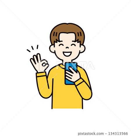 Vector illustration of a young man/male student holding a smartphone and making an OK sign_Color Vector illustration of a young man/male student holding a smartphone and making an OK sign_Color 134313566