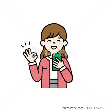 Vector illustration of a woman, housewife, or mom holding a smartphone and making an OK sign_Color 134313570