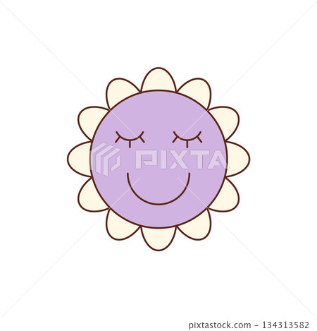 Groovy retro flower face with cute smile in cartoon graphic style sticker. Purple character as happy patch sticker, playful y2k groovy element, perfect for cheerful pop art and decorative use. 134313582