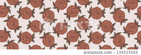 Muted red, green and beige brown floral seamless pattern with ink hand drawn sketch daisy marigold flowers collage. Cute orange and outline black boho botanical print for textile, wrapping paper 134313583