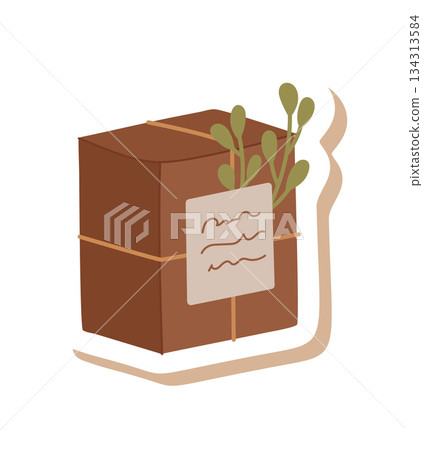 Kraft box present in flat style sticker. Sticker with green plant on cardboard eco package. Trendy gift for xmas and holiday, modern brown decor for sustainable nature concept. Kraft box present in flat style sticker. Sticker with green plant on cardboard eco package. Trendy gift for xmas and holiday, modern brown decor for sustainable nature concept. 134313584