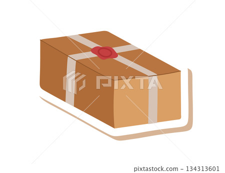 Trendy kraft present box sticker in flat style. Brown gift package in cardboard parcel form. Modern present as christmas box for holiday decor and parcel design, stylish sticker concept. Trendy kraft present box sticker in flat style. Brown gift package in cardboard parcel form. Modern present as christmas box for holiday decor and parcel design, stylish sticker concept. 134313601
