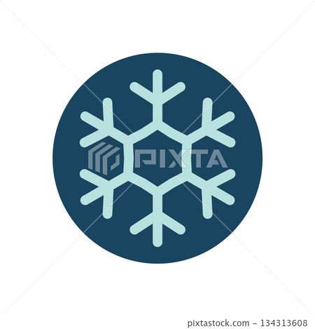 Flat blue snowflake sticker icon with round ornament and white line. Ice and cold xmas element suits winter box, chill holiday label or seasonal lid, combining clear shape with simple style. 134313608