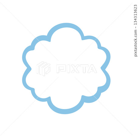 Groovy outline scallop bubble shape border with retro line doodle look. Abstract y2k frame and graphic element, blue background, modern pop accent. Playful and creative stock style. 134313623