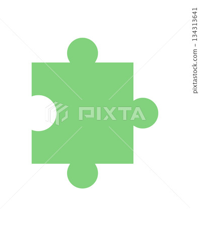 Flat silhouette green jigsaw puzzle piece. Simple tile for kids play and boardgame fun. Classic game element, suitable for childhood hobby or toy collection. Basic graphic playful activity, ideal 134313641