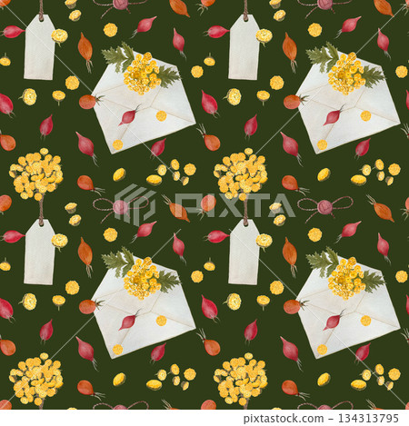 Envelopes, tags, rose hips, and yellow flowers seamless watercolor pattern with on deep green background. Hand-painted autumn stationery design for packaging, wrapping paper, branding, seasonal decor Envelopes, tags, rose hips, and yellow flowers seamless watercolor pattern with on deep green background. Hand-painted autumn stationery design for packaging, wrapping paper, branding, seasonal decor 134313795