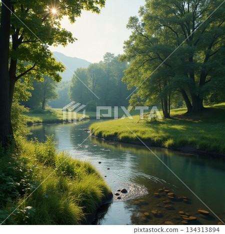 AI generated Serene river winding through verdant trees offers peaceful scenery 134313894