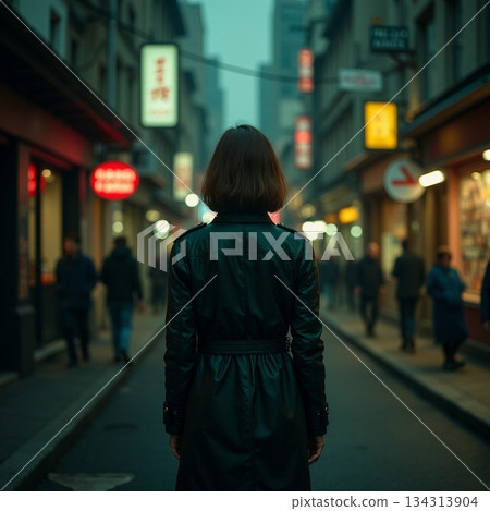 AI generated Solitary woman in leather coat amid blurred pedestrians on wet city street 134313904