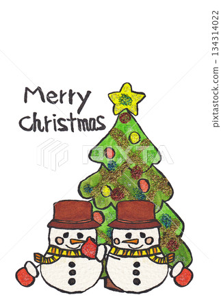 Hand-painted watercolor (etegami) "Christmas card" with text - two snowmen 134314022