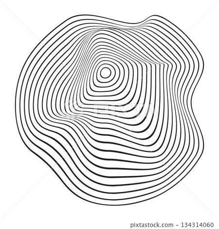 Wavy concentric circles. Pulse, vibration, sound wave or ripple icon isolated on white background. Signal sign. Dynamic, motion or flow symbol. Trendy cyber shape. Vector graphic illustration 134314060