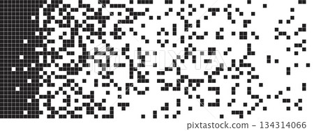 Black and white pixel background with defragmentation effect. Pattern with square shapes in random arrangement. Dissolution, destruction or dispersion process concept. Vector graphic illustration 134314066