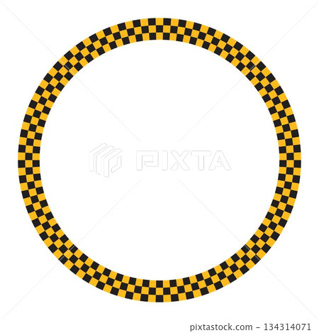 Round taxi or police theme frame with black and yellow checkered pattern isolated on white background. Circular vignette with checkerboard print. Circle shaped framework. Vector flat illistration 134314071