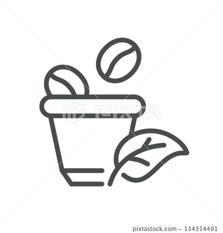 Alternative Milk Coffee Capsule Icon. Thin Line Illustration of a Recyclable Coffee Pod with Beans and a Leaf Plant Based Milk, Dairy Free Latte and Sustainable Beverage Pods. Isolated Vector Sign. 134314491