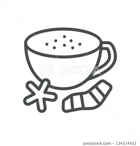 Curcuma Latte Icon. Thin Line Illustration of a Cup Filled with Golden Milk and Turmeric Roots, Anti Inflammatory Beverage, Herbal Spice Latte and Ayurvedic Wellness Drink. Isolated Turmeric Latte. 134314501