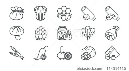 Pizza Ingredients Icons Set. Cheese, Pepperoni, Mushrooms, Sauce Jar and Toppings for Italian Pizzeria Menu. Clean Linear Vector Pack. Pizza Ingredients Icons Set. Cheese, Pepperoni, Mushrooms, Sauce Jar and Toppings for Italian Pizzeria Menu. Clean Linear Vector Pack. 134314510