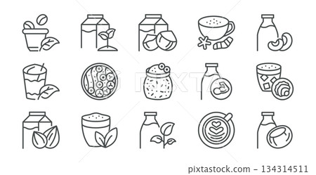 Plant Milk and Vegan Drinks Icons Set. Oat, Almond, Soy, Cashew Beverages, Coffee Latte, Matcha Tea, Snacks and Breakfast Items. Linear Vector Pack. 134314511