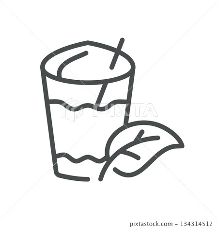 Plant Milk Iced Drink Icon. Thin Line Illustration of an Iced Beverage with Straw and Leaf, Symbolizing Dairy Free Plant Based Milk Drinks, Refreshing Summer Latte and Vegan Beverage. Isolated Outline 134314512
