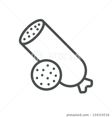 Salami Icon. Thin Line Illustration of a Cured Sausage with a Slice, Symbolizing Traditional Salami, Spiced Dry Meat and Italian Charcuterie. Isolated Outline Vector Sign. Salami Icon. Thin Line Illustration of a Cured Sausage with a Slice, Symbolizing Traditional Salami, Spiced Dry Meat and Italian Charcuterie. Isolated Outline Vector Sign. 134314516