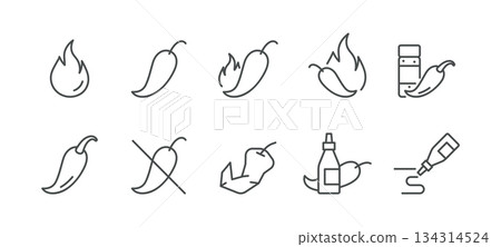 Hot Sauce and Chili Pepper Icons Set. Spicy, No Spice, Flame, Broken Pepper, Bottle and Squeeze Drip for Warning and Menu Marking. Linear Vector Pack. 134314524
