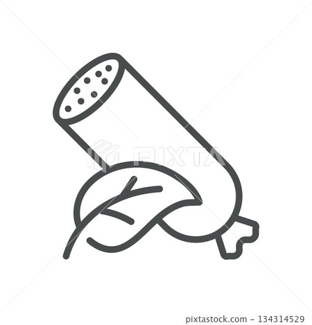 Vegan Salami Icon. Thin Line Illustration of a Plant Based Salami with Leaf, Symbolizing Meat Free Sausage, Vegan Protein and Sustainable Charcuterie. Isolated Outline Vector Sign. 134314529