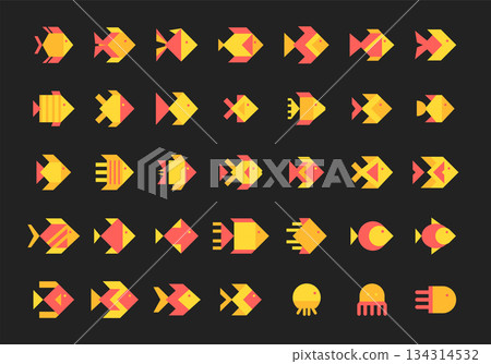 Geometric Fish Icons Set. Minimal Ocean Animal Vector Collection in Yellow and Coral. Abstract Low Poly Fish Shapes for Stickers, Logos, and Clipart 134314532