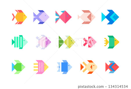 Colorful Fish Icons. Pastel Minimal Aquarium Fishes Isolated on White Background. Modern Geometric Sea Creature Collection. Simple Low Poly Printable Fish Abstract Design for Merch, Kids Patterns. 134314534