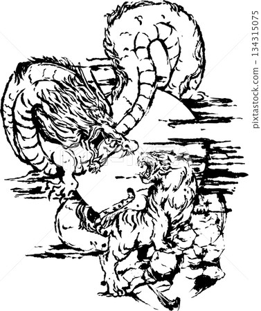一幅描繪龍、老虎和滿月的墨畫插圖 一幅描繪龍、老虎和滿月的墨畫插圖 134315075