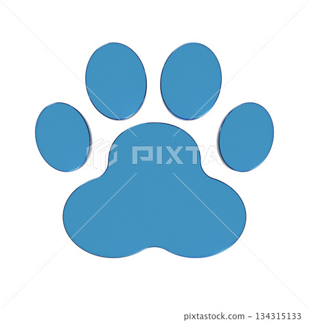 3D illustration of a flat icon of a pet's paw. Transparent blue glass morphic mark 2 3D illustration of a flat icon of a pet's paw. Transparent blue glass morphic mark 2 134315133