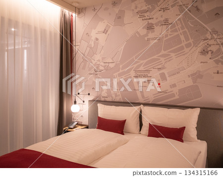 [Germany] Double bed and interior of a hotel room near the airport in the capital Berlin 134315166