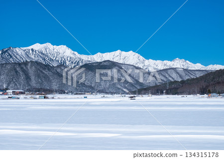 View of the Northern Alps from Omachi City (winter) 134315178