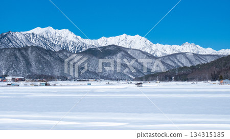 View of the Northern Alps from Omachi City (winter) 134315185