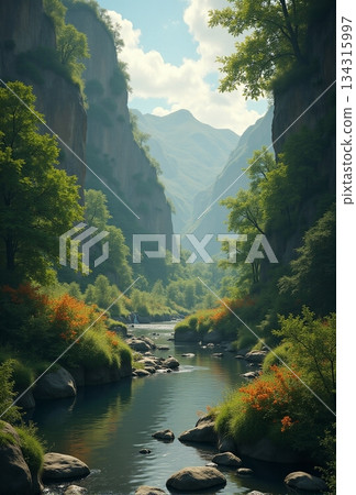 AI generated Serene canyon scene, Peaceful gorge with flowing water and lush vegetation AI generated Serene canyon scene, Peaceful gorge with flowing water and lush vegetation 134315997