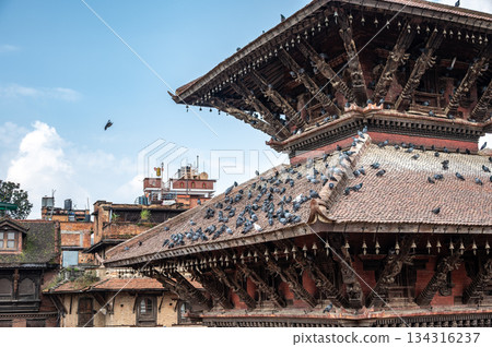 Pigeons living on the roof of ancient temple in Patan Durbar Square a former royal palace complex located in Kathmandu, Nepal. Pigeons living on the roof of ancient temple in Patan Durbar Square a former royal palace complex located in Kathmandu, Nepal. 134316237