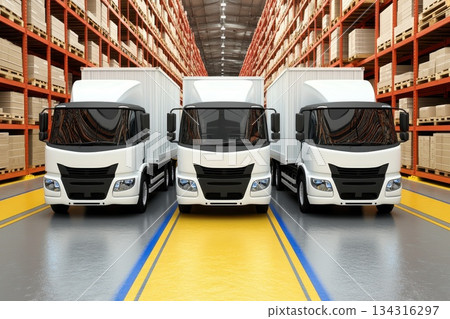Large autonomous delivery trucks at a warehouse loading dock in a spacious interior 134316297