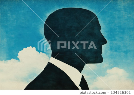 Minimalistic Illustration of a Peaceful Mind with Silhouette Against a Blue Sky 134316301