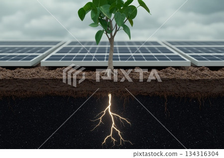 Creative Visual of Tree with Leaves Growing Above Solar Panels in Innovative Environment Creative Visual of Tree with Leaves Growing Above Solar Panels in Innovative Environment 134316304