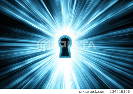 Glowing Futuristic Keyhole Against a Bright Blue Cyber Background with Radiant Lines Glowing Futuristic Keyhole Against a Bright Blue Cyber Background with Radiant Lines 134316306