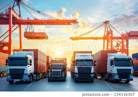 Busy Freight Transportation Hub with Cargo Trucks at Sunset in Industrial Setting 134316307