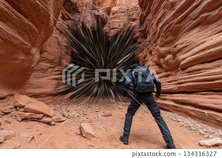 Person in Canyon Facing a Time Lapse Effect of Transformation and Change in Landscape 134316327